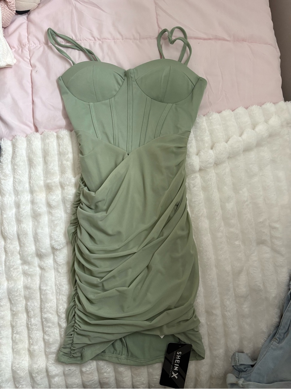 SHEIN Olive Green Ruched Bustier Mini Dress